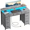 HLFURNIEU Scrivania con 8 Tessuto Cassetti, Tavolo Gaming con Presa di Corrente & Porta USB, Scrivania PC Salvaspazio con LED, Tavolo Ufficio con Supporto per Monitor (Grigio, 120 × 50 cm)