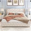 PUGSDRLY Letto Matrimoniale 140x190 con Rete a Doghe, Letto a 2 Posti con Testata Imbottita, Tessuto di Lino, Design con Rivetti, Piedi in Legno, per Bambini Adolescenti Adulti, senza Materasso, Beige