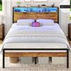 Brinlawb Struttura Letto 140x190cm con testiera, Letto Matrimoniale con Luce LED e Stazione di Ricarica (2 prese CA, 1 presa USB, 1 presa Type-C) Robusta Struttura Metallica del Letto, Marrone Vintage