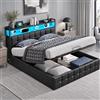 Zorvani Letto imbottito 140 x 200 cm, con testiera, letto idraulico con vano portaoggetti e rete a doghe, letto matrimoniale con ricarica USB e tipo C, letto per ragazzi a LED, in pelle PU, nero