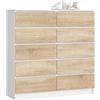 AKORD | Cassettiera K-120 con 10 (2x5) Cassetti | Moderna Mobiletto per Soggiorno Sala da Pranzo Camera da Letto Corridoio Bagno | Armadio Cameretta | 120x121x40 cm | Peso 70kg | Bianco/Rovere Sonoma