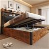 VIVCA Letto 180 x 200 con sollevamento idraulico, USB, testata imbottita, design vintage in legno e metallo, spazio di archiviazione nascosto per letto matrimoniale. Mobili moderni per camera da letto