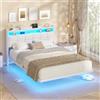 AOGLLATI Letto Matrimoniale 140x190 cm con Effetto Visivo Levitante, Struttura Letto con LED e Stazione di Ricarica, Letto con Testiera Imbottita e Struttura in Metallo, Senza Materasso, Bianco