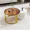 Kelodan Tavolino rotondo 70x70x45+50x50x40cm 2 in 1 in MDF, tavolino con 1 piano bianco e 1 marrone in vetro temperato, combinazione tavolino con 2 cassetti per il soggiorno