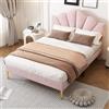 TIZZ Letto matrimoniale in velluto, con gambe in ferro dorato, letto a conchiglia, testiera regolabile in altezza, rete a doghe in legno (rosa, 140 x 190 cm)