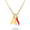 gioiellitaly Catenina argento 925 dorato con iniziale e cornetto corallo rosso naturale del Mediterraneo amuleto portafortuna gioiello artigianale catenina veneziana 45 cm