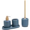 BM Set Accessori Bagno in Ceramica 4 Pezzi con Vassoio - Dispenser Sapone, Porta Spazzolini e Scopino WC, Design Moderno con Dettagli in Legno (BLU)