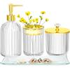 Haturi Set di accessori per il bagno, 4 pezzi, set di accessori da bagno in vetro trasparente e oro, completo con dispenser di sapone per lozione, portaspazzolino, vasetto da farmacia, vassoio da toeletta,