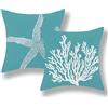 GOLIANDA Set di 2 federe per cuscini costieri, 50 x 50 cm, color acqua, turchese, corallo, stella marina, cuscini decorativi, decorazioni nautiche, oceano, estate, lino, spiaggia, decorazione per