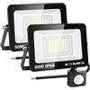 RIGIDON 2x 50W faretto con pir sensore di movimento, 5000lm proiettori led | senza spina, 6000K bianco freddo, fari di Sicurezza, luci esterno per giardino garage patio terrazza cortile, impermeabile