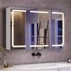 mojiasion Specchio Bagno Contenitore con Luce e Presa Elettrica, 3 Ante mobile specchio bagno- Design 360°, Memoria Luminosità, Sospeso Salvaspazio 90x16x60 cm | 3 Mensole Regolabili, Bianco