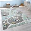 Paco Home Tappeto da gioco per la cameretta dei bambini con motivo di strade in verde e grigio, Dimensione:120x170 cm