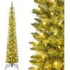 COSTWAY Albero di Natale Slim da 150/180/210 CM, Albero di Natale Artificiale con 150/180/200 Luci LED Bianche Calde, 296/390/499 Punte di Ramo e Supporto Pieghevole in Metallo (210 cm)