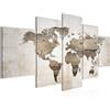 Runa Art - Quadri Mappa Del Mondo 200 x 100 cm 5 Pezzi XXL Decorazione Murale Design Brown Beige 035051a