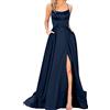 Generisch Abito da ballo da donna, lungo, elegante, con allacciatura al collo, schiena scoperta, abito lungo in raso, spaghetti da sera, spacco laterale, abito da sera, con tasche, Blu marino, S
