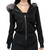 NIUVOO Felpa con cappuccio con zip per donne e adolescenti, Y2k, a maniche lunghe, con cappuccio in pelliccia, stile retrò anni 2000, streetwear, Nero 1, M