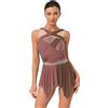 ranrann Donna Abito da Danza Classica con Strass Body Balletto da Pattinaggio Artistico Orlo Irregolare Vestito da Ballo Lirico Moderno Valzer Tango Dancewear A Marrone L
