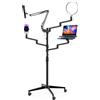 Wiltec Supporto da terra 4in1 con 1 asta per microfono + 3 bracci articolati per accessori, con morsetto e ring light a 3 modalità, treppiede con rotelle per fotocamera per dirette e live