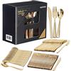 MATANA 180 Elegante Set di Posate in Plastica Oro Riutilizzabili - 60 Coltelli, 60 Forchette, 60 Cucchiai per Matrimoni, Compleanni, Feste ed Eventi