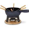 La Fonderie 1890 MONT JOUX set per fonduta in ghisa, per 6 persone, fondute di formaggio, carne, cioccolato, incluse 6 forchette con manici in legno di faggio, base in legno naturale, capacità 1,8L