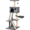PawHut Albero Tiragraffi Accessoriato con Cuccia Lettino Sospeso e 2 Pedane in Peluche Grigio