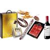 JamonOnline Confezione regalo. 1 Zeppa Formaggio stagionato, 1 Chorizo Salamanca, 1 Fuet Can Duran, 1 Paq. Prosciutto iberico tagliato a mano, 1 Bottiglia vino Cune 18,70 cl e sacchetto Picos de Pan.