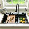 KOOGIMDDR 85x 50cm Lavello da cascata nero, cascata lavello cucina acciaio inox set, Lavabo Cucina Moderno, Lavello Nero Grigio, con Manopole di controllo, sifone e Set di Drenaggio, e vari accessor