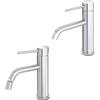 Inbagno Coppia rubinetto lavabo e bidet in acciaio inox cromato con scarico universale click clack, flessibili e kit di fissaggio, NUEGO