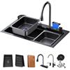 Kchsdool Lavello da cucina nero in acciaio inox 304 sottotop/a cascata lavello da cucina a una vasca lavello da postazione di lavoro con rubinetto estraibile e accessori (Nero, 90CM)
