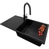 PRIMAGRAN Lavandino da Cucina Tutto Nero 90x50cm, Lavello in Granito a 1 vasca + Rubinetto 40x20cm + Set di accessori, Lavabo da Cucina Incasso al Mobile 60cm - Ibiza S087