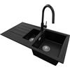 PRIMAGRAN Lavandino da Cucina Nero 90x50cm, Lavello in Granito a 1,5 vasche + Rubinetto 40x20cm + Set di accessori, Lavabo da Cucina Incasso al Mobile 60cm - Copenhagen Duo S019
