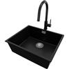 PRIMAGRAN Lavandino sottotop Nero 56x47cm, Lavello in Granito a 1 vasca + Rubinetto 40x20cm + Sifone Classico, Lavabo da Cucina al Mobile 60cm - London S315
