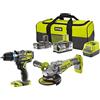 RYOBI - Combo 2 strumenti Brushless: trapano avvitatore a percussione Brushless + smerigliatrice angolare 125 mm Brushless + batteria da 2,0 Ah + batteria da 5,0 Ah + caricatore rapido da 2,0 A