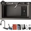 DSMRLEOP 75 x 45 cm, lavello a cascata, multifunzione, nero, 1 lavandino da cucina, rettangolare, con accessori come cesti di scarico, sifone, set di scarico e scarico