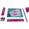 PRESTIGE & DELUXE Set scrittura scuola Me contro Te Rosa Fucsia Glitter - per bambini con matita,gomma, penna, righello, colla, temperino e adesivi sticker per personalizzare libri