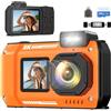 GWAEPU Fotocamera digitale impermeabile 8K per snorkeling: fotocamera subacquea compatta e robusta da 70 MP, con doppio schermo HD a doppio schermo con zoom 18x, scheda da 64 GB e batteria da 2500 mAh, per