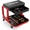 COSTWAY Sgabello da Officina con Ruote, Sedia Meccanico Imbottita con Cassetto e Vassoio Portautensili, capacità di 185 kg, per Riparazione Auto, per Garage e Officina (Nero)