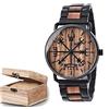 AVLUZ Orologio da polso da uomo vichingo nordico Vegvisir Compass in legno massiccio analogico al quarzo, cinturino regolabile inciso a mano con scatola regalo in legno., Nero , Bracciale