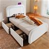 SUKY Telaio letto singolo, letto imbottito con funzione di ricarica USB tipo C, illuminazione a LED e 2 cassetti, testiera regolabile in altezza, rete a doghe in legno, bianco Sherp