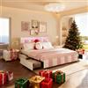 BSMGSGN Letto Matrimoniale con Contenitore 140x190 Bianco e Rosa a Quadri - Testata Imbottita in Velluto con Luci LED 7 Colori e USB, 4 Cassetti Capienti - Senza Materasso (Bianco+Rosa-K, 140x190 cm)