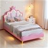 JYNVO Letto da principessa 90 x 200 cm, con strisce luminose a LED, letto per bambini a forma di corona, letto imbottito in pelle PU, letto a LED per camera delle bambine, letto da principessa rosa