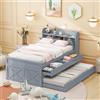 boorbin Letto singolo in legno di pino massiccio, multifunzionale, con cassetto estraibile, comodino con ripiani con presa USB, letto per ragazzi, 90 x 190 cm (grigio)