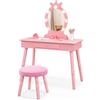 RELAX4LIFE Toeletta Trucco per Bambina con 7 Lampadine LED, 3 Colori di Luci, Specchiera Trucco con Sgabello, Toeletta in Legno, Specchio Rimovibile, per Bambini 3-7 Anni (Rosa)