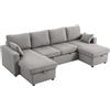 HOMCOM Divano Letto con Letto Estraibile Imbottito, Divano Angolare Convertibile 4 Posti a Forma di U con 2 Chaise Longue, Vani Contenitore e 2 Cuscini, in Velluto a Coste, 282x140x86 cm, Grigio