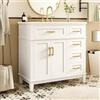 SACOOL Armadietto da bagno 90 x 46 x 87 cm, laccato bianco, ammortizzatore silenzioso, maniglia a ribalta, scaffale a doppia porta, gambe in legno massello, maniglie dorate, lavabo in ceramica integrato