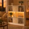 Amveya Libreria Bianca Lucida con Luci LED e Telecomando, Scaffale Moderno a Terra con 8 Fasi e 2 Cassetti in Tessuto, Divisorio per Soggiorno, Mobiletto Basso con Antiribaltamento, 97,5x30x100 cm