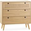 HOMN LIVING Cassettiera Bella Night 3 cassetti Colore Rovere con Rattan Naturale, Guide in Metallo, 80 cm (Larghezza) 37,5 cm (profondità) 77,5 cm (Altezza)