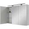 Planetmöbel ARIA Armadio a specchio con illuminazione, 100 x 70 x 16 cm, Armadietto da bagno sospeso con specchio, Bianco grigio, con lampada e presa elettrica, per bagno ospiti