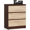 AKORD Cassettiera K60 con 3 Cassetti | Credenza Alta | Moderna Mobiletto per Soggiorno Sala da Pranzo Camera da Letto Corridoio Bagno | Armadio Cameretta | 60x77x40 cm 25 kg Wenge/Rovere Sonoma
