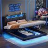 JYNVO Letto imbottito 140 x 200 con illuminazione a LED, con Contenitore idraulico, testiera regolabile, Interfaccia USB, letto sospeso, letto matrimoniale, PU nero, design fluttuante